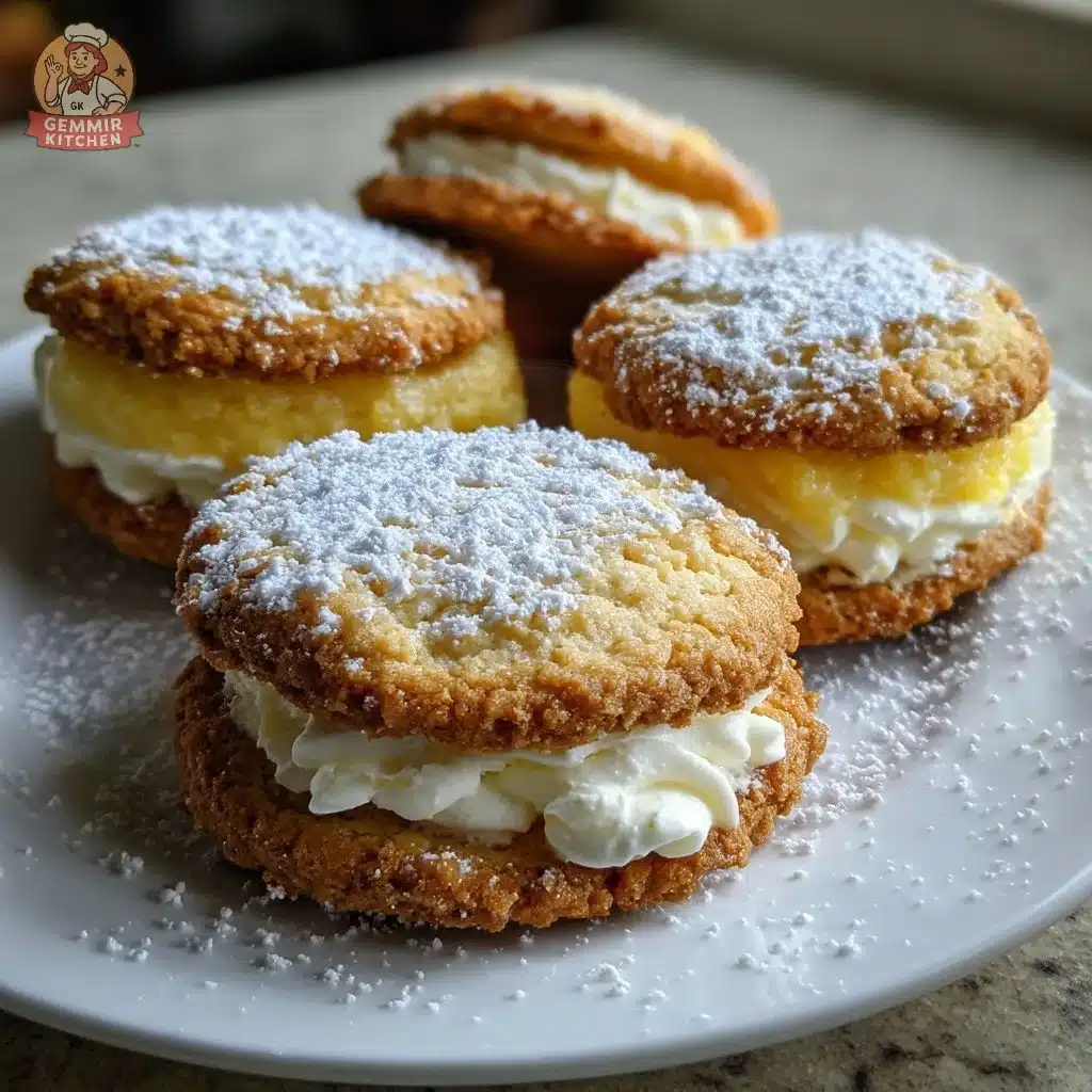 Limoncello ricotta cookie sandwiches with mascarpone filling on a plate