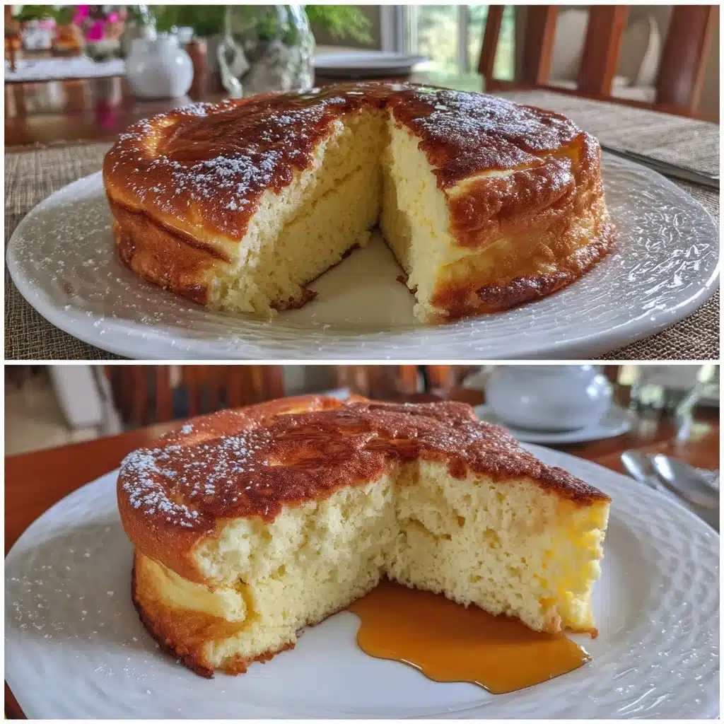 Homemade Maple Ricotta Pancake Cake served with syrup and berries