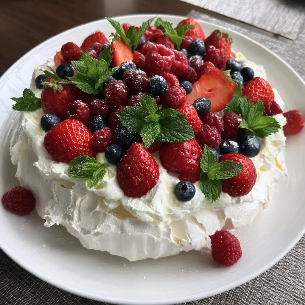 Delicious Mascarpone Pavlova topped with fresh berries