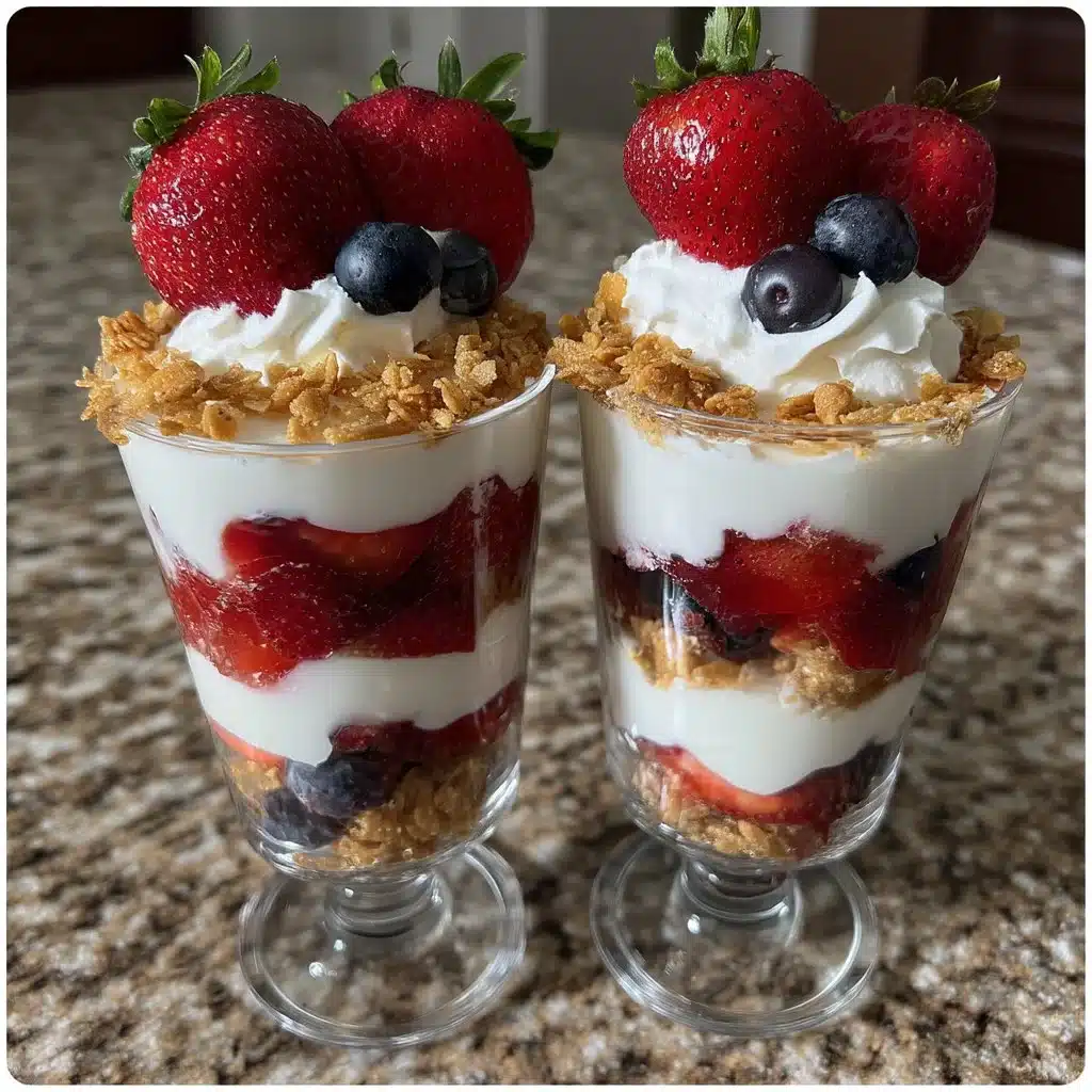 No-bake Memorial Day dessert cups in red, white, and blue colors