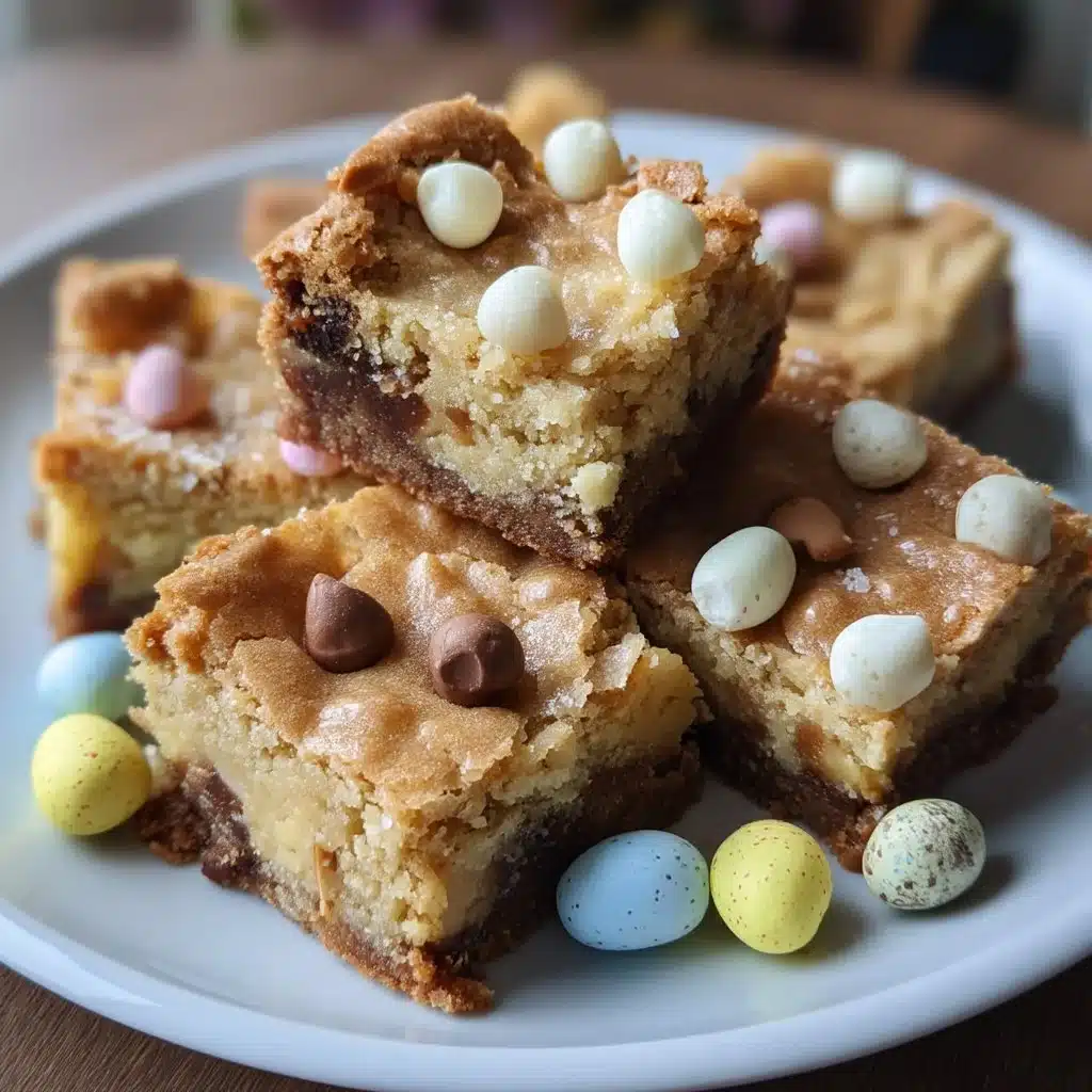 Delicious Mini Egg Mascarpone Blondies topped with colorful chocolate eggs