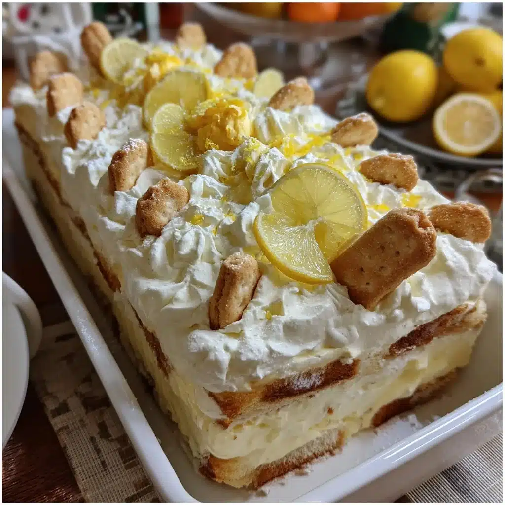 No-Bake Limoncello Lush Layer Dessert 4 No-bake Limoncello Lush layer dessert with lemon slices and whipped cream.