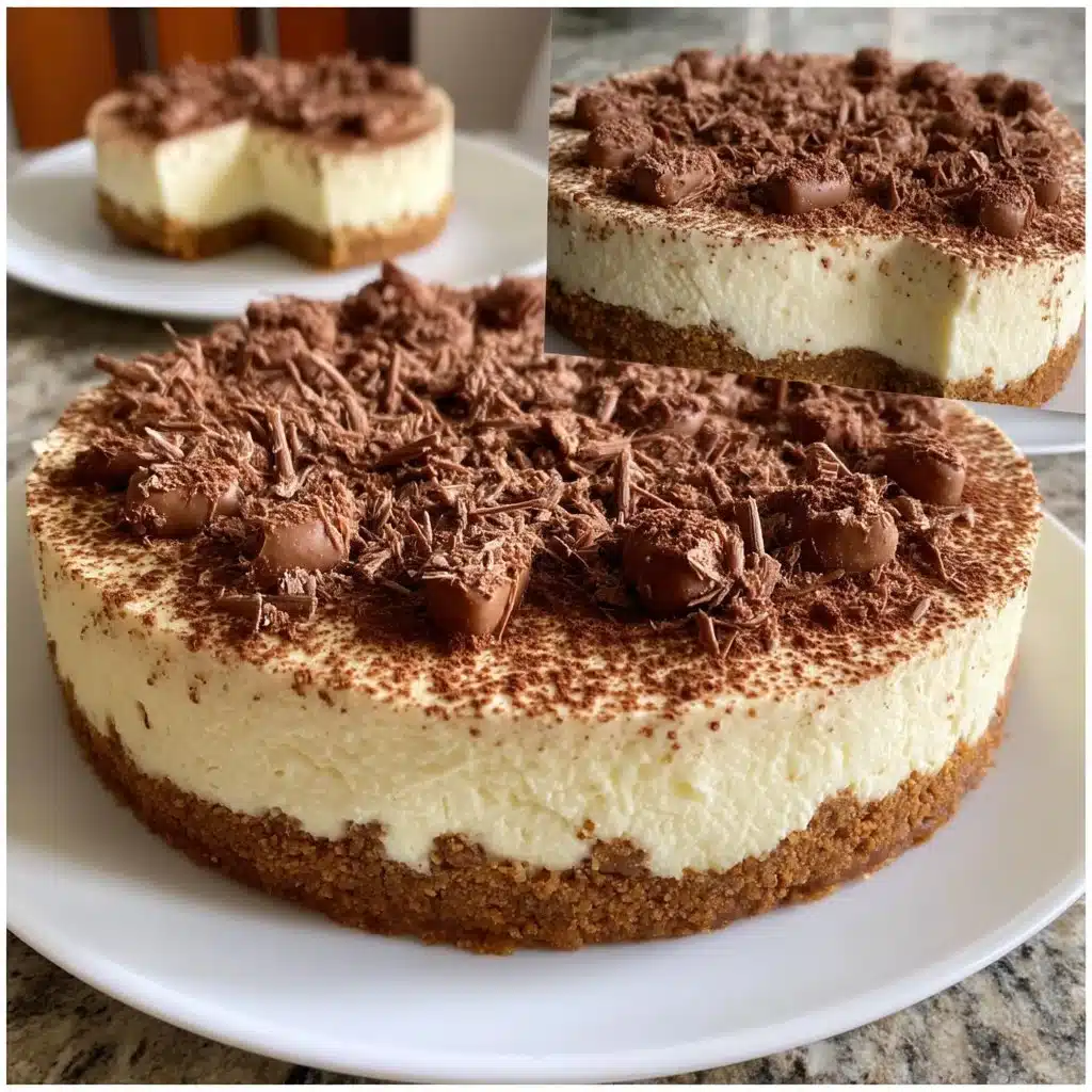 No-Bake Tiramisu Cheesecake 4 Delicious no-bake tiramisu cheesecake topped with cocoa powder and coffee beans.