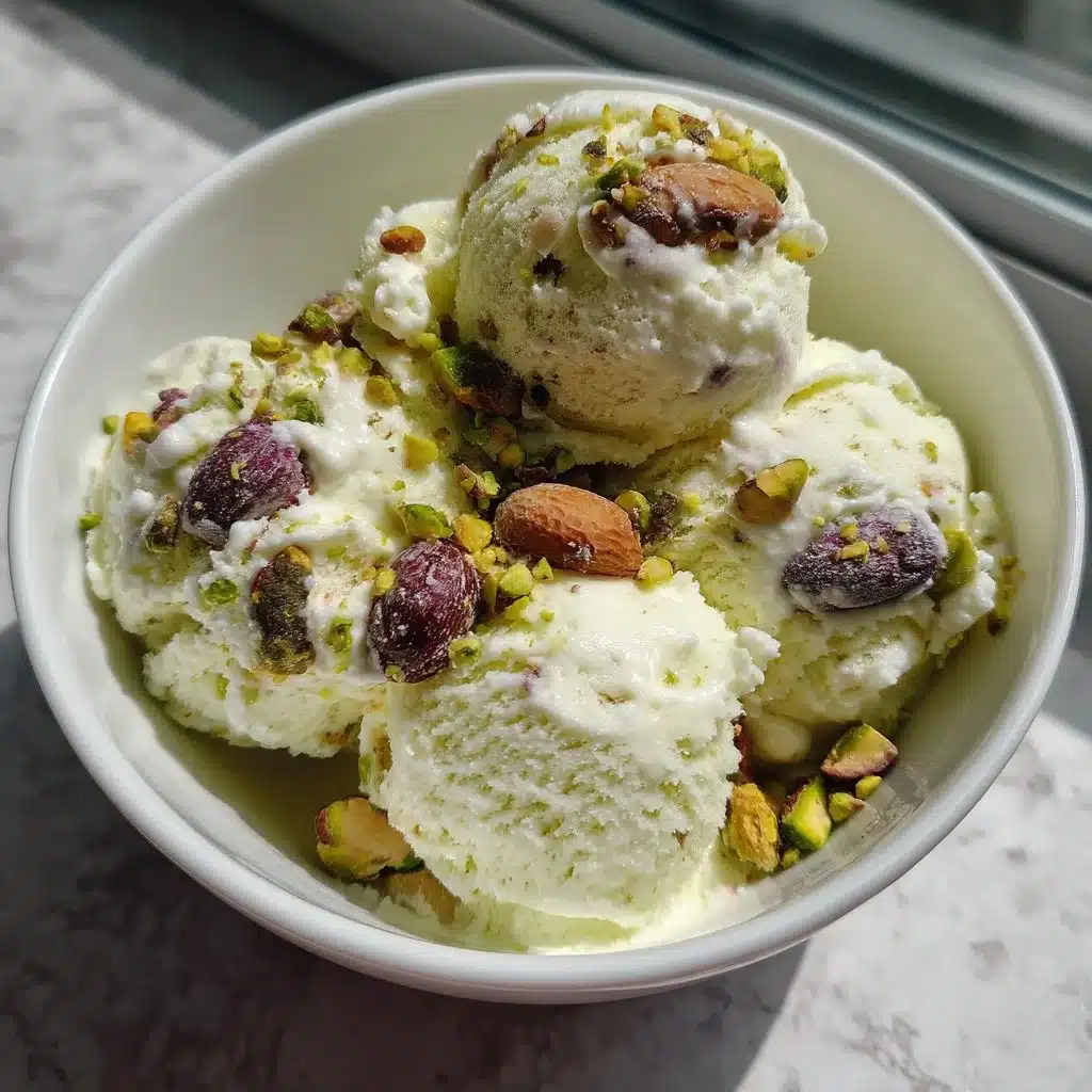 Delicious no-churn pistachio ricotta ice cream in a bowl