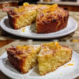 Slice of Orange Almond Ricotta Cake topped with orange zest and almonds