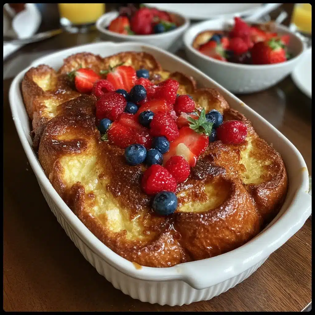 Overnight French toast casserole topped with ricotta and fresh berries.