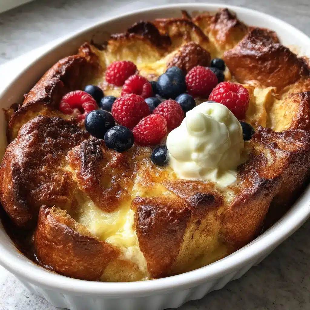 Overnight Ricotta French Toast Bake topped with berries and syrup