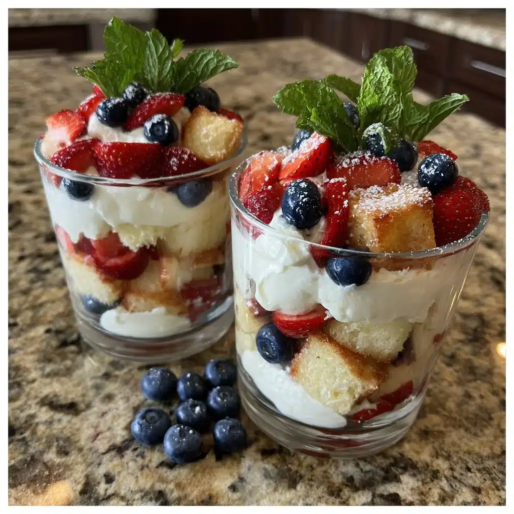 Patriotic red, white, and blue berry trifle cups dessert for summer celebrations
