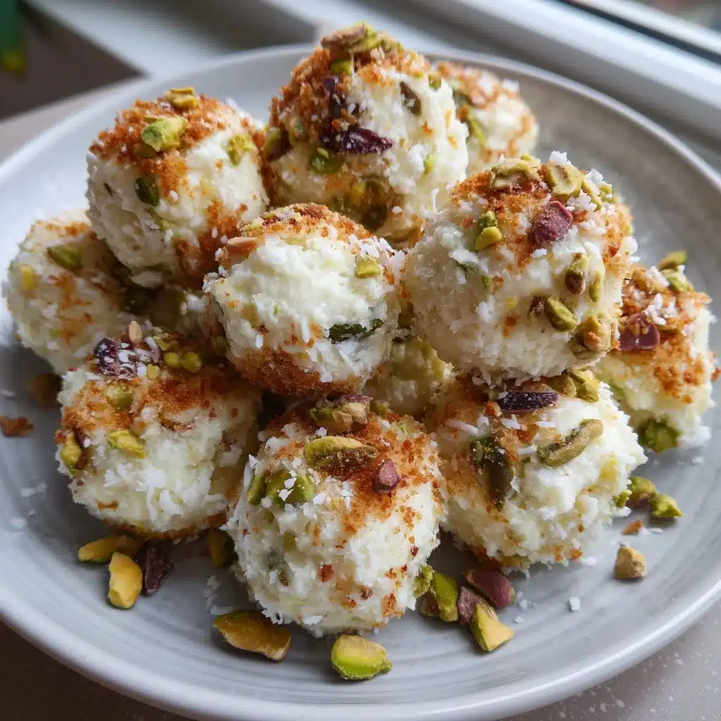 Healthy pistachio ricotta protein bites on a white plate
