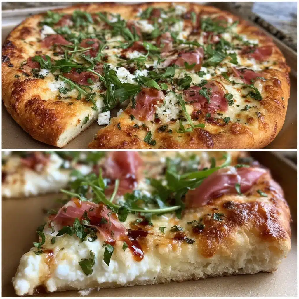 Delicious ricotta and prosciutto pizza served on a wooden board