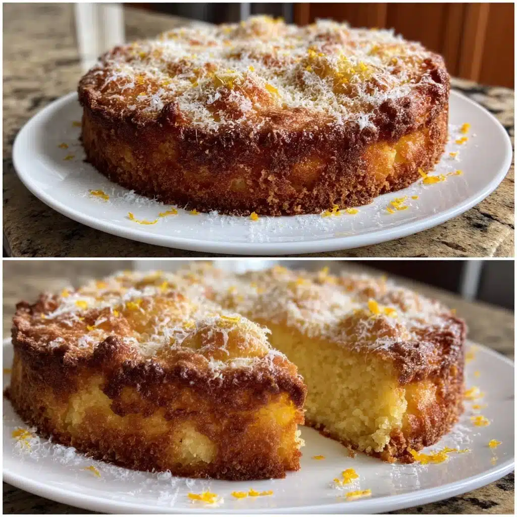 Ricotta Polenta Cake topped with orange zest on a wooden table