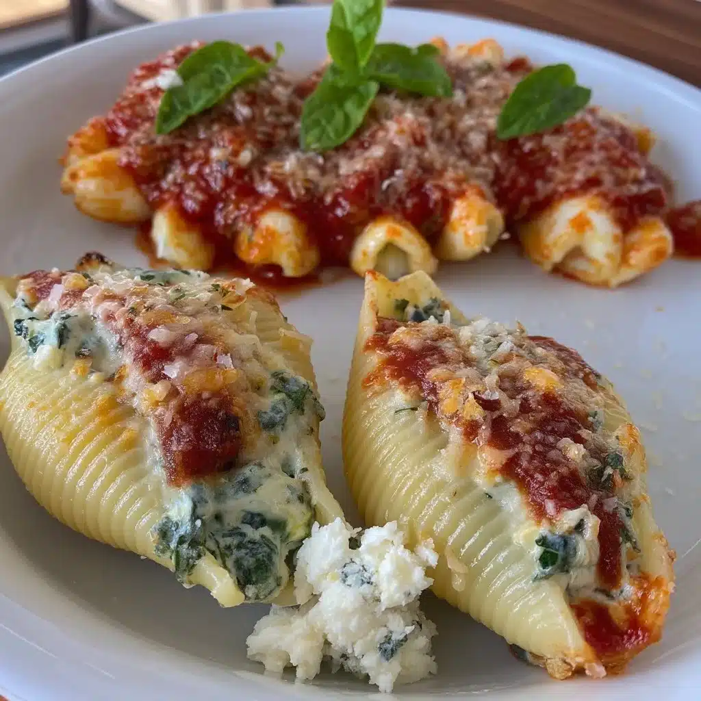 Ricotta Stuffed Shells with Spinach 4 Plate of ricotta stuffed shells with spinach topped with marinara sauce and cheese
