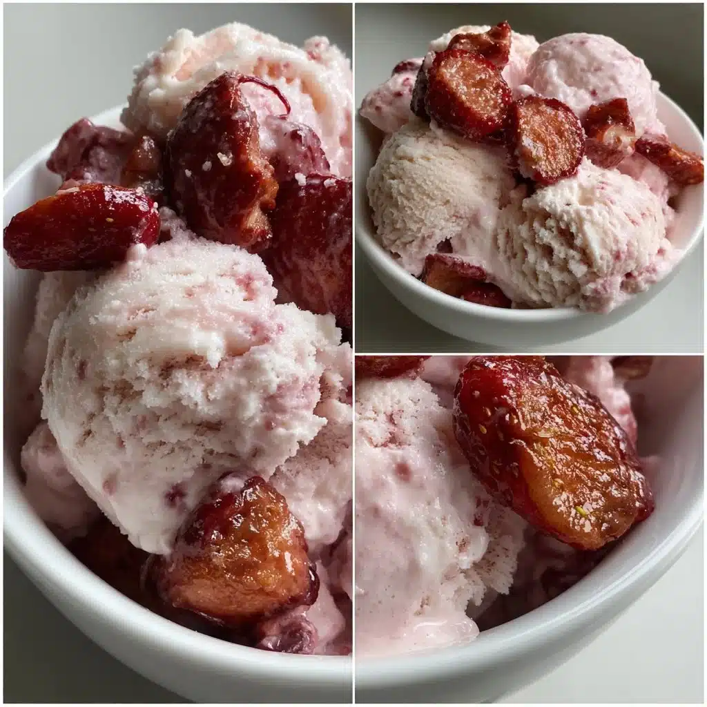 Roasted Strawberry Ricotta Ice Cream 4 Creamy roasted strawberry ricotta ice cream served in a bowl.