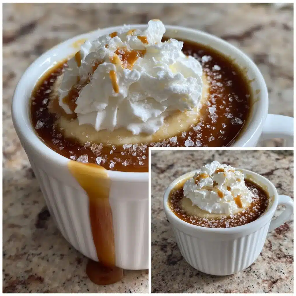 Delicious salted caramel pudding with whipped cream topping served in a glass dish