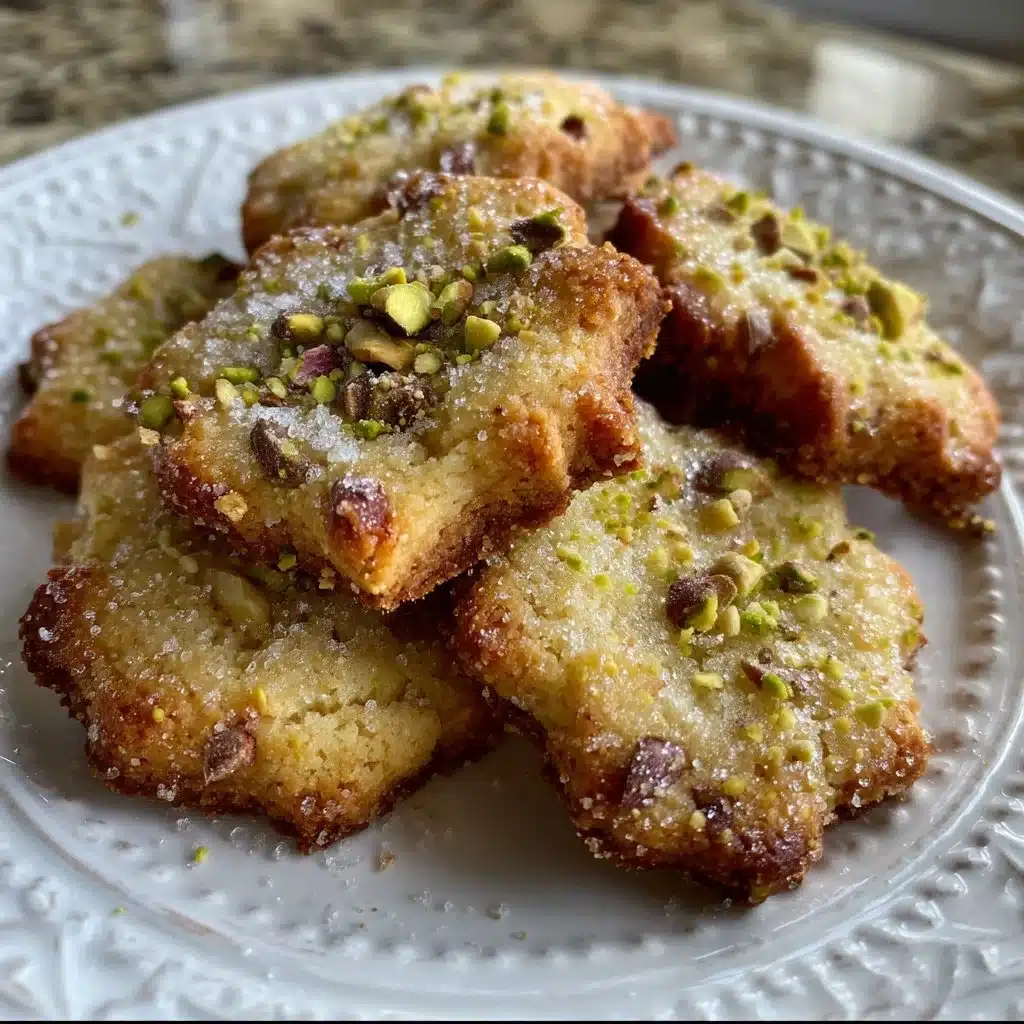 Delicious salted honey pistachio shortbread cookies on a plate