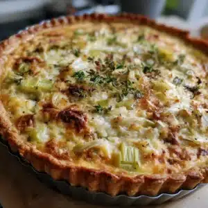 Savory mascarpone and leek quiche fresh from the oven, garnished with herbs.