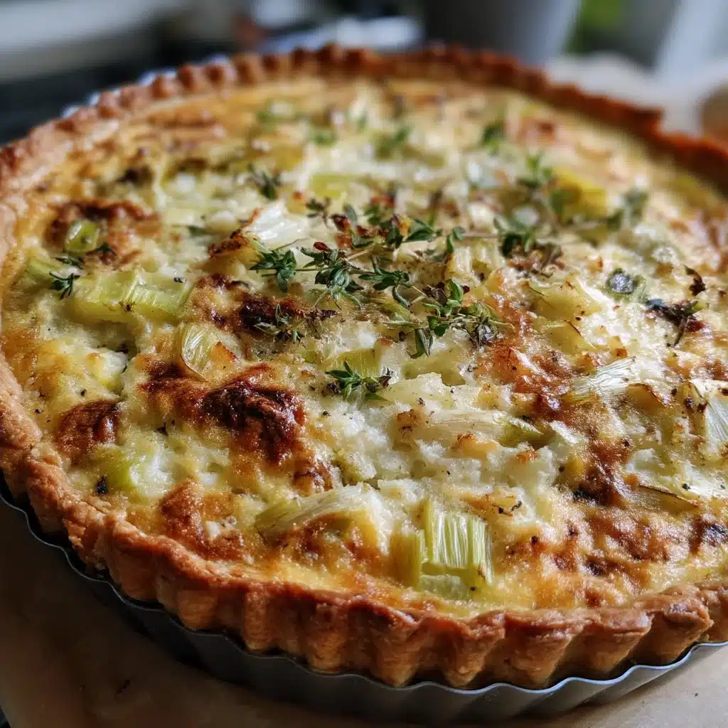 Savory mascarpone and leek quiche fresh from the oven, garnished with herbs.
