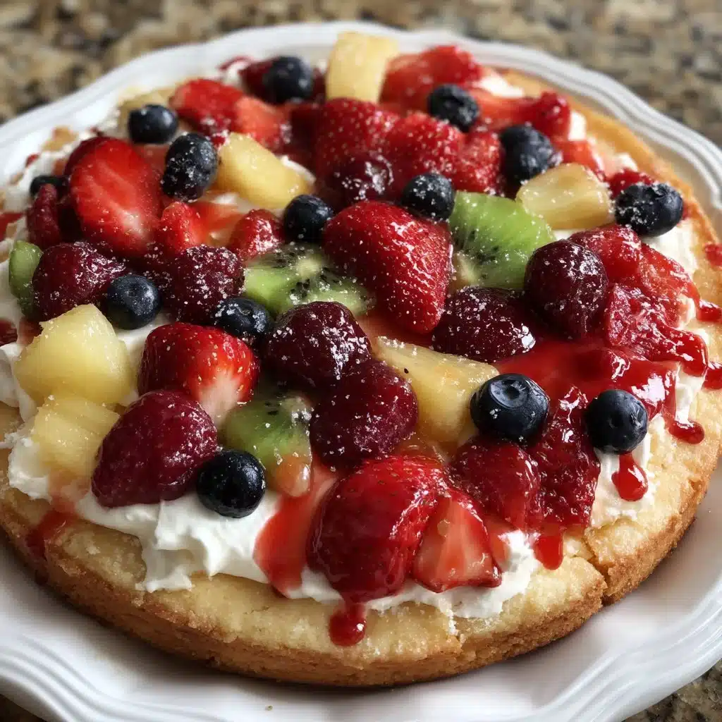 Spring Fruit Pizza with a sugar cookie crust topped with fresh seasonal fruits