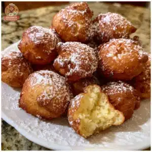Delicious orange ricotta zeppole dusted with powdered sugar on a plate.