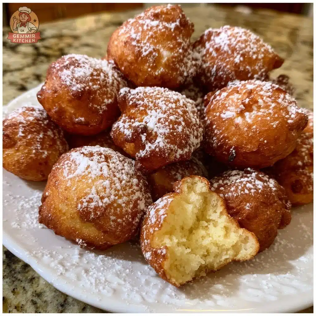 Delicious orange ricotta zeppole dusted with powdered sugar on a plate.