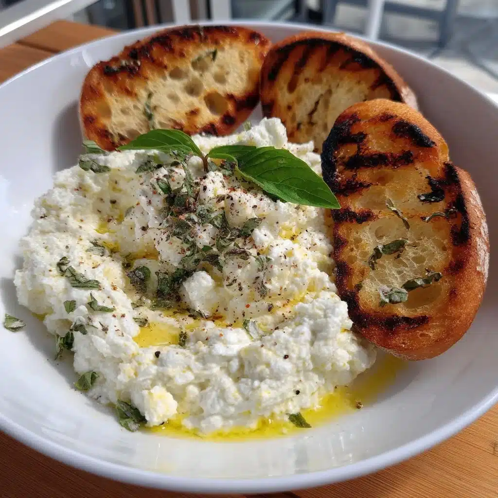 Whipped ricotta dip served with grilled bread on a plate