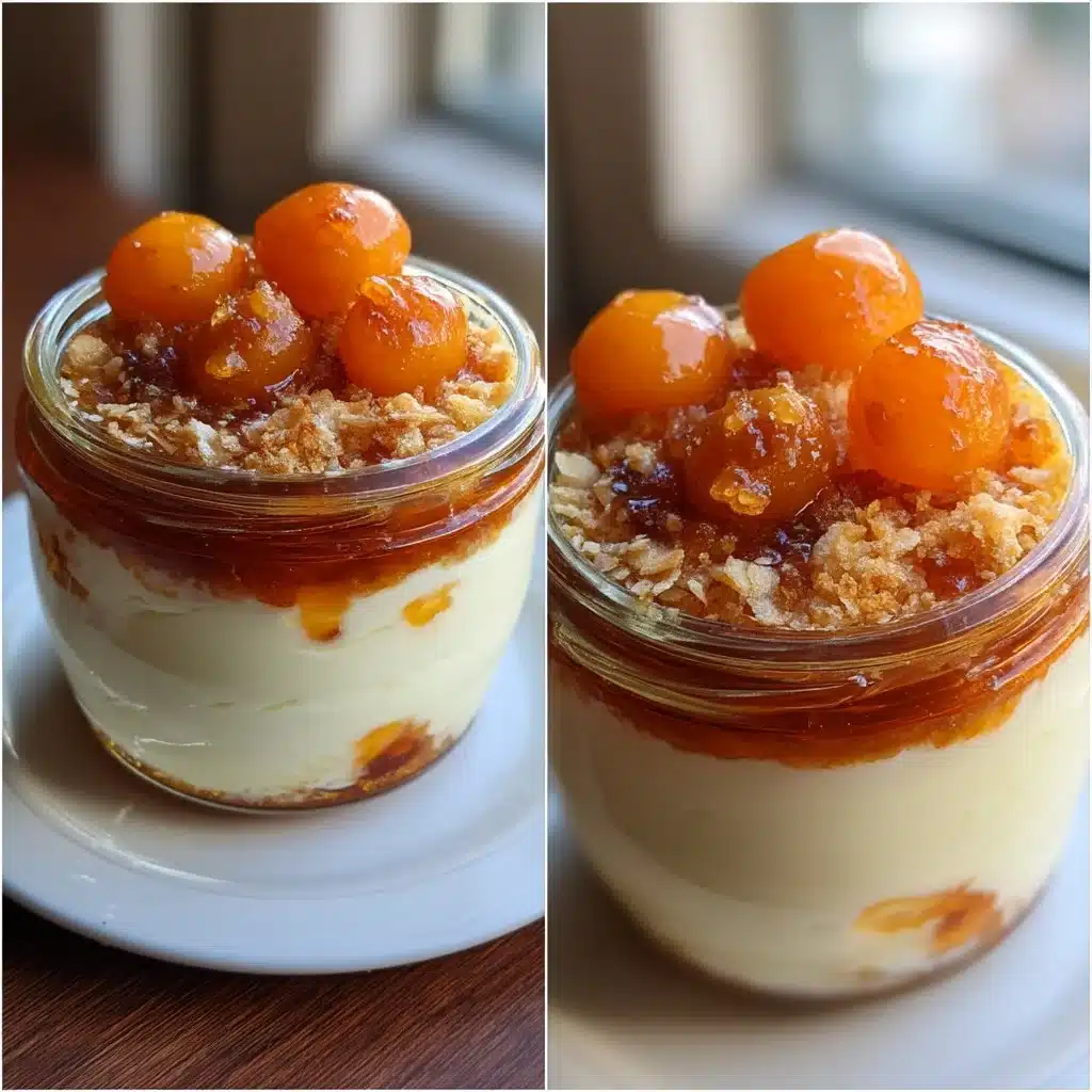 Delicious apricot cream jars with crushed phyllo, perfect for desserts.