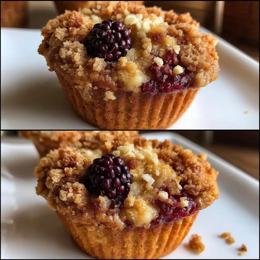 Freshly baked blackberry vanilla muffins with a crumb topping