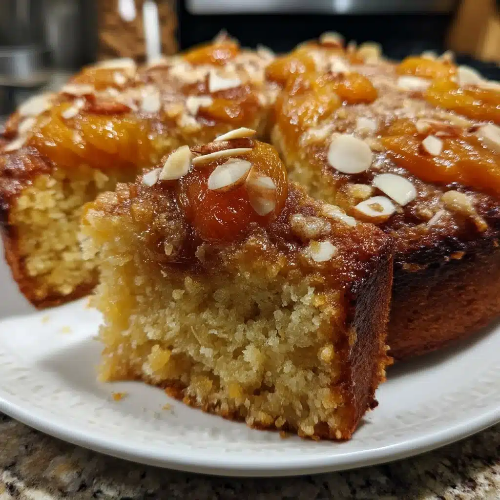 Brown Butter Apricot Almond Snack Cake 1 Slice of brown butter apricot almond snack cake on a plate