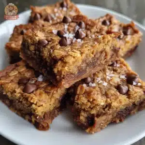 Brown butter oatmeal cookie bars sprinkled with sea salt on a rustic wood table.