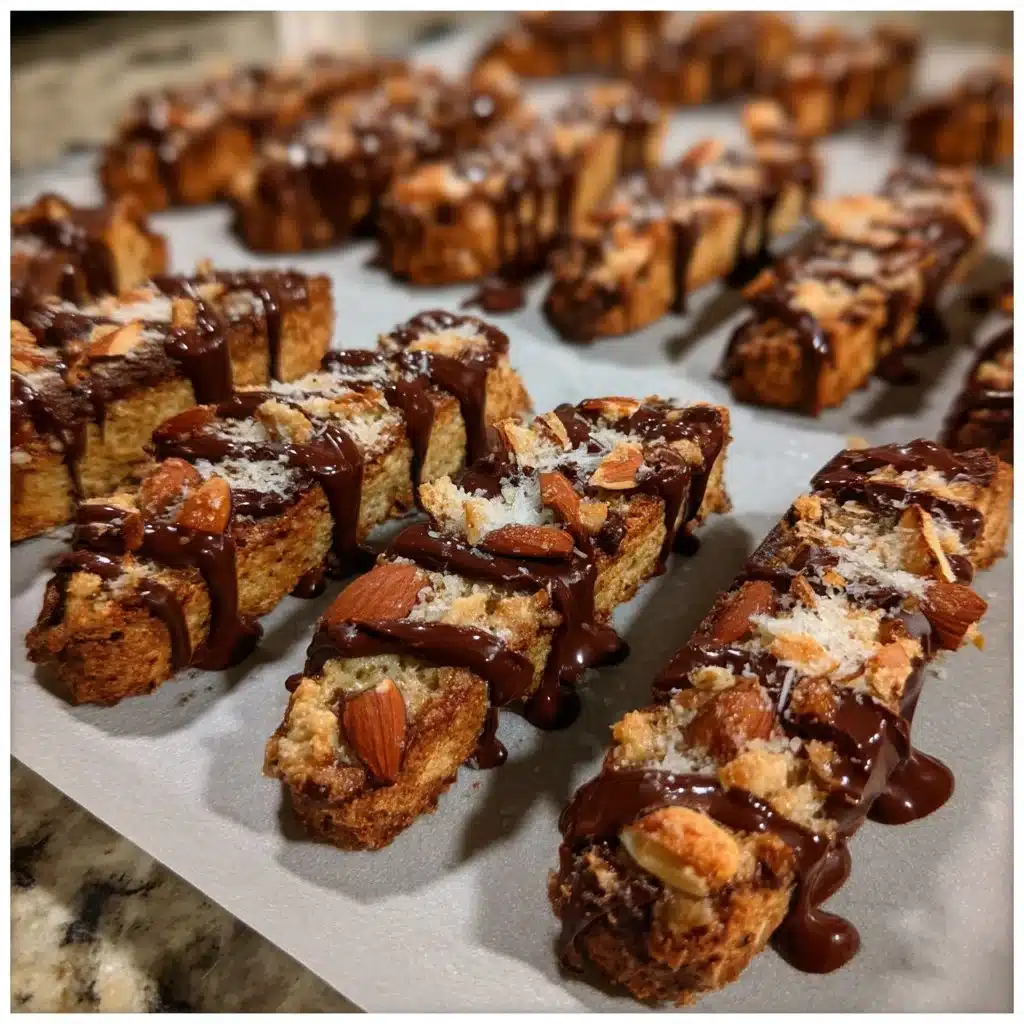 Chocolate-Dipped Almond Biscotti Sticks 1 Chocolate-dipped almond biscotti sticks on a plate