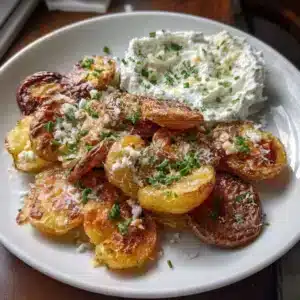 Bowl of crispy smashed potatoes topped with whipped ricotta and herbs