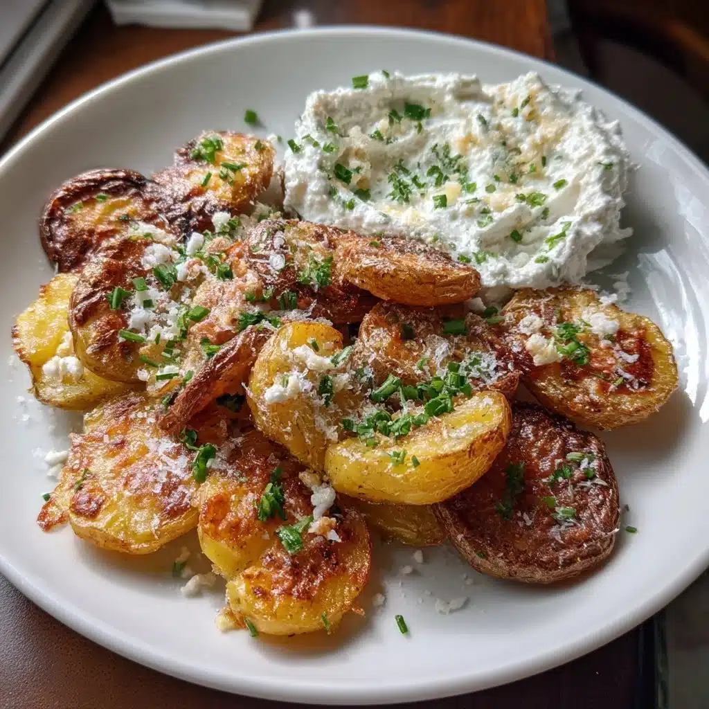 Bowl of crispy smashed potatoes topped with whipped ricotta and herbs