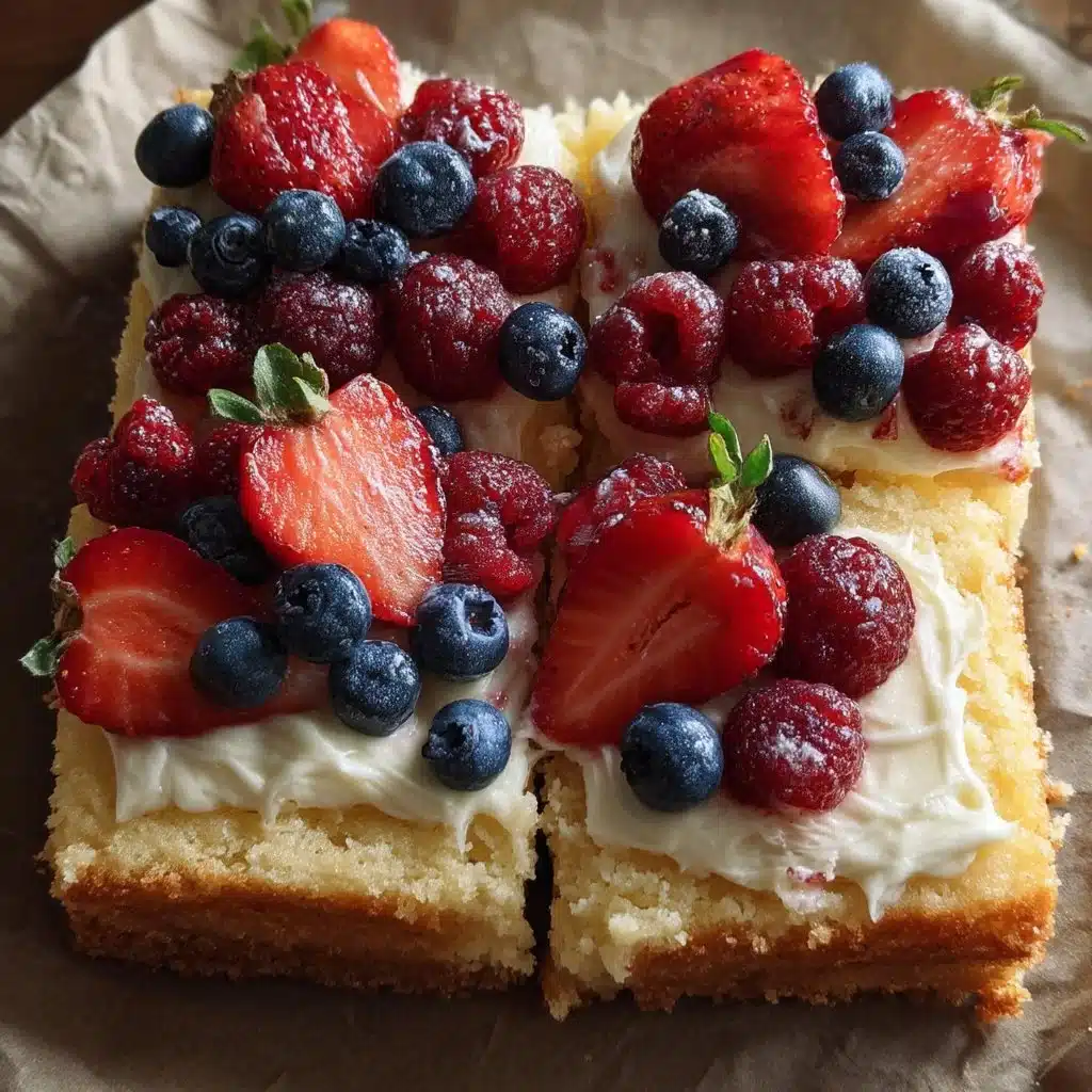 Flag cake bars topped with berry mascarpone frosting on a festive table