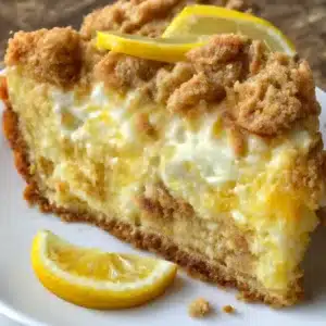 Lemon Mascarpone Crumb Cake topped with crunchy streusel for a delightful dessert experience.