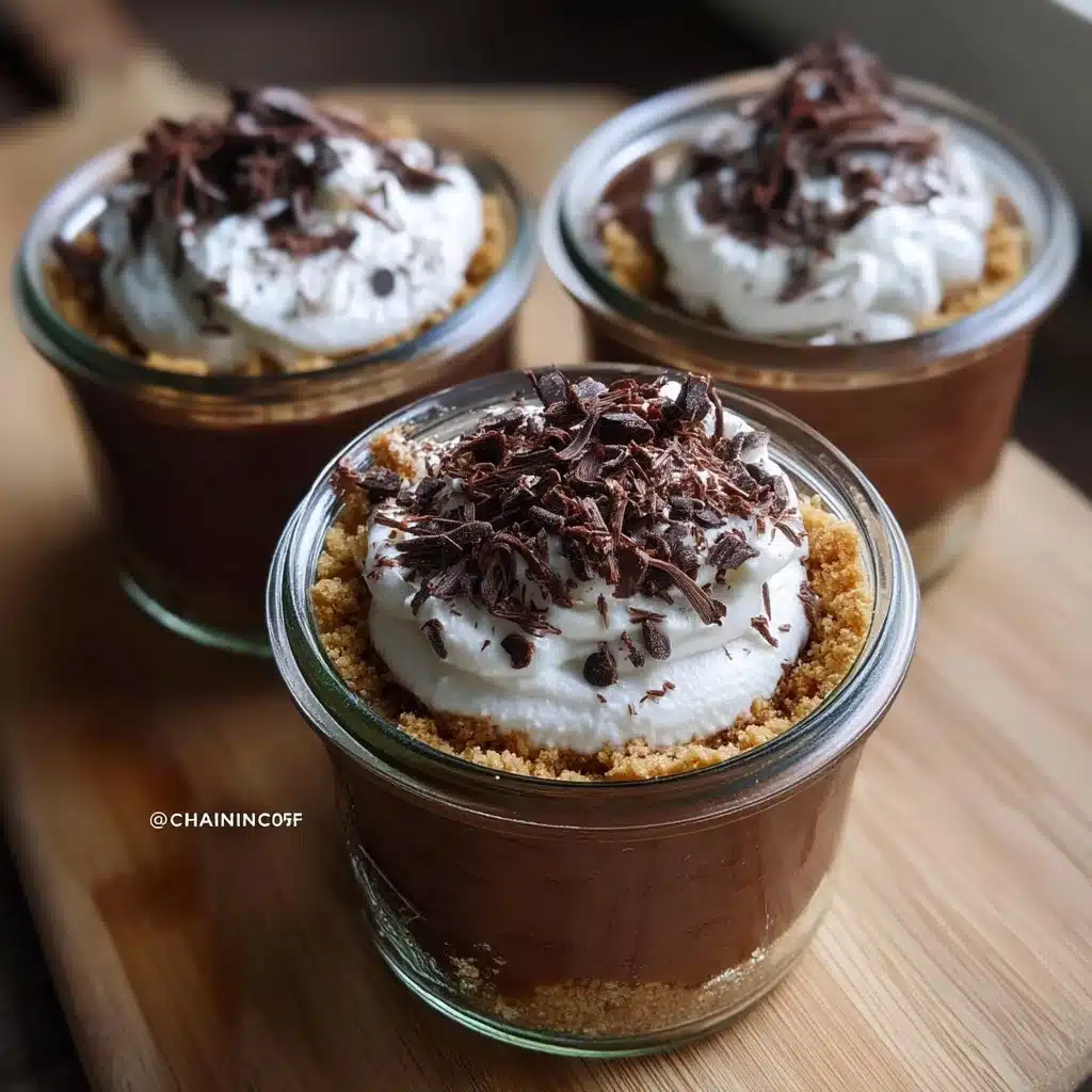 Mocha Pudding Pie Jars with Cookie Crust 1 Mocha pudding pie jars with a cookie crust topped with whipped cream.