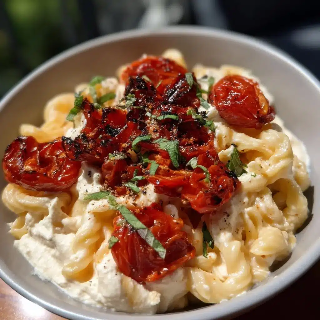 Roasted tomato whipped ricotta pasta garnished with herbs in a bowl