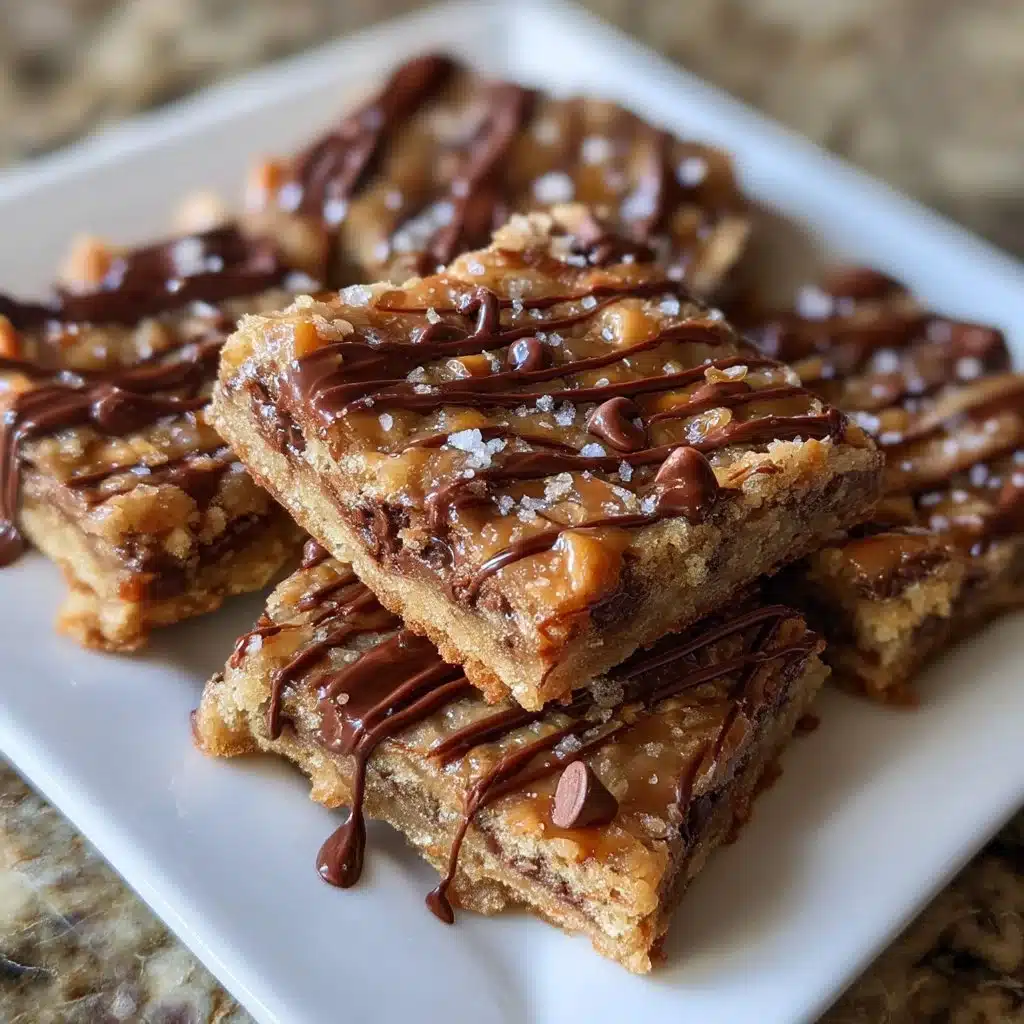 Salted toffee cookie bars topped with chocolate drizzle on a wooden platter