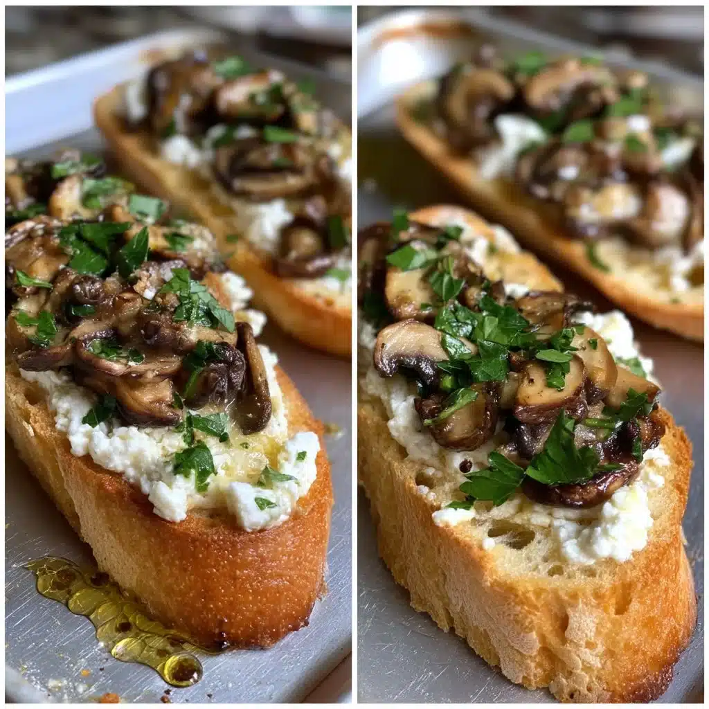Savory ricotta crostini topped with garlic mushrooms on a wooden platter.