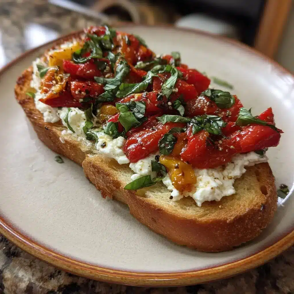 Savory ricotta toast topped with roasted peppers and fresh basil on a wooden table.