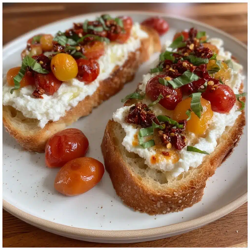Savory whipped ricotta toast with chili crisp tomatoes on rustic bread