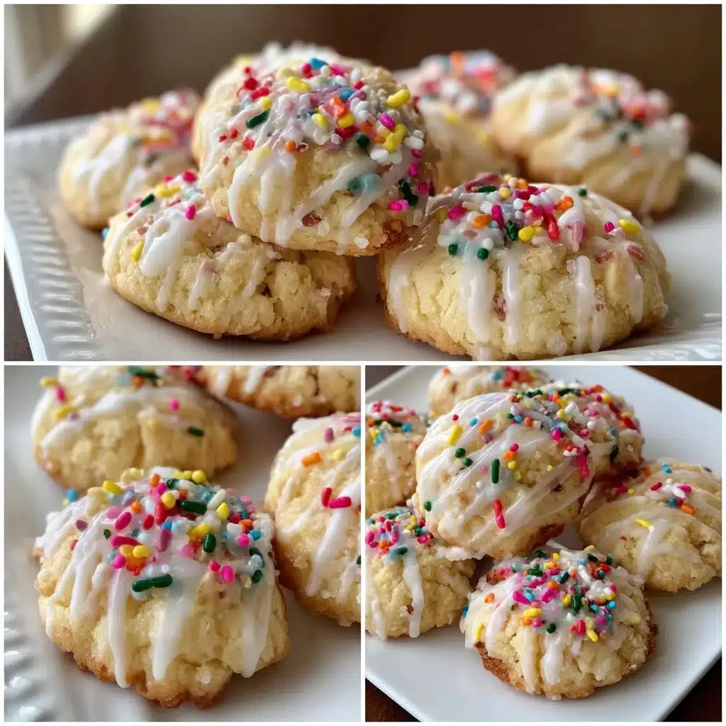 Soft almond sprinkle cookies with vanilla glaze on a plate