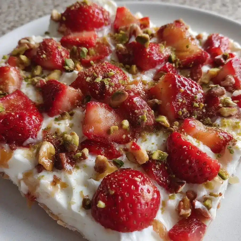 Strawberry yogurt bark with pistachio crunch on a plate