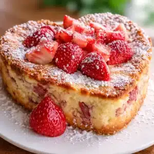 Delicious Strawberry Mascarpone Ricotta Heart Cake topped with fresh strawberries.