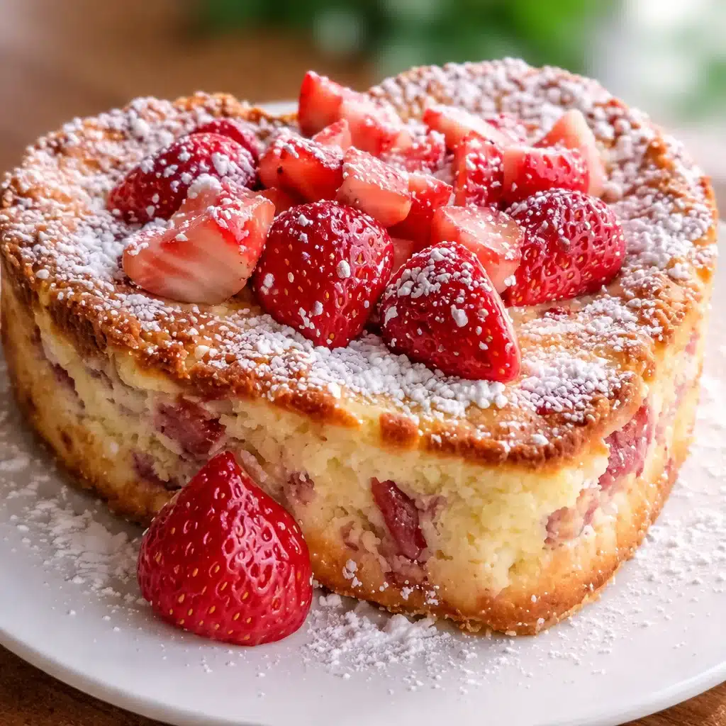Delicious Strawberry Mascarpone Ricotta Heart Cake topped with fresh strawberries.