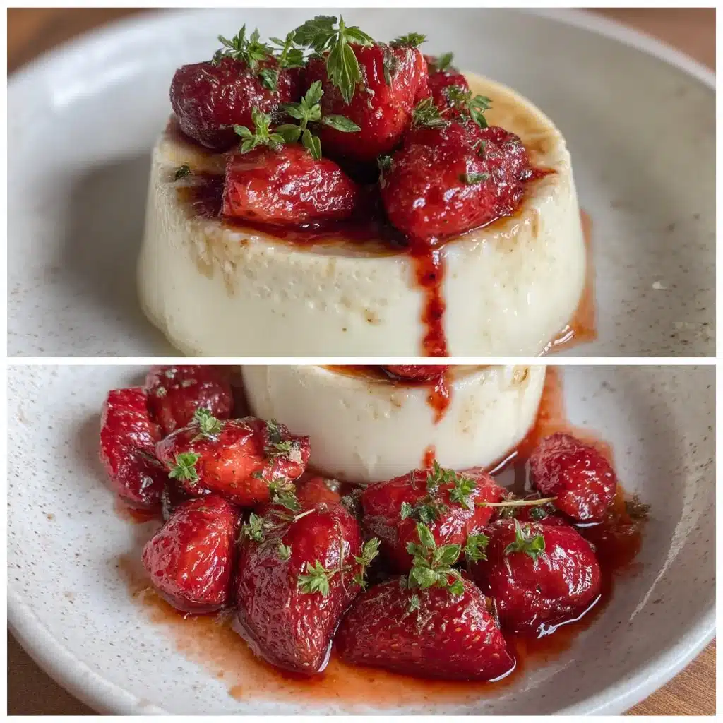 Vanilla Bean Panna Cotta with Roasted Strawberries 1 Delicious vanilla bean panna cotta with roasted strawberries garnished on top