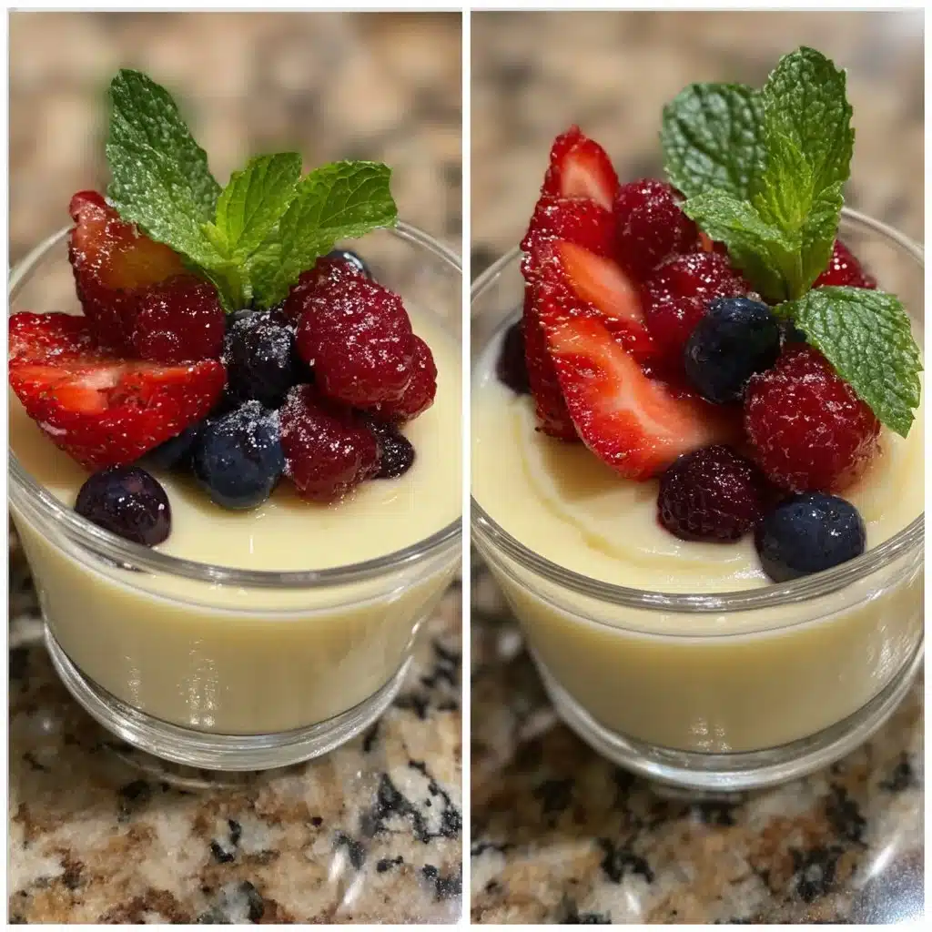 Delicious Vanilla Bean Posset served with macerated berries on top.
