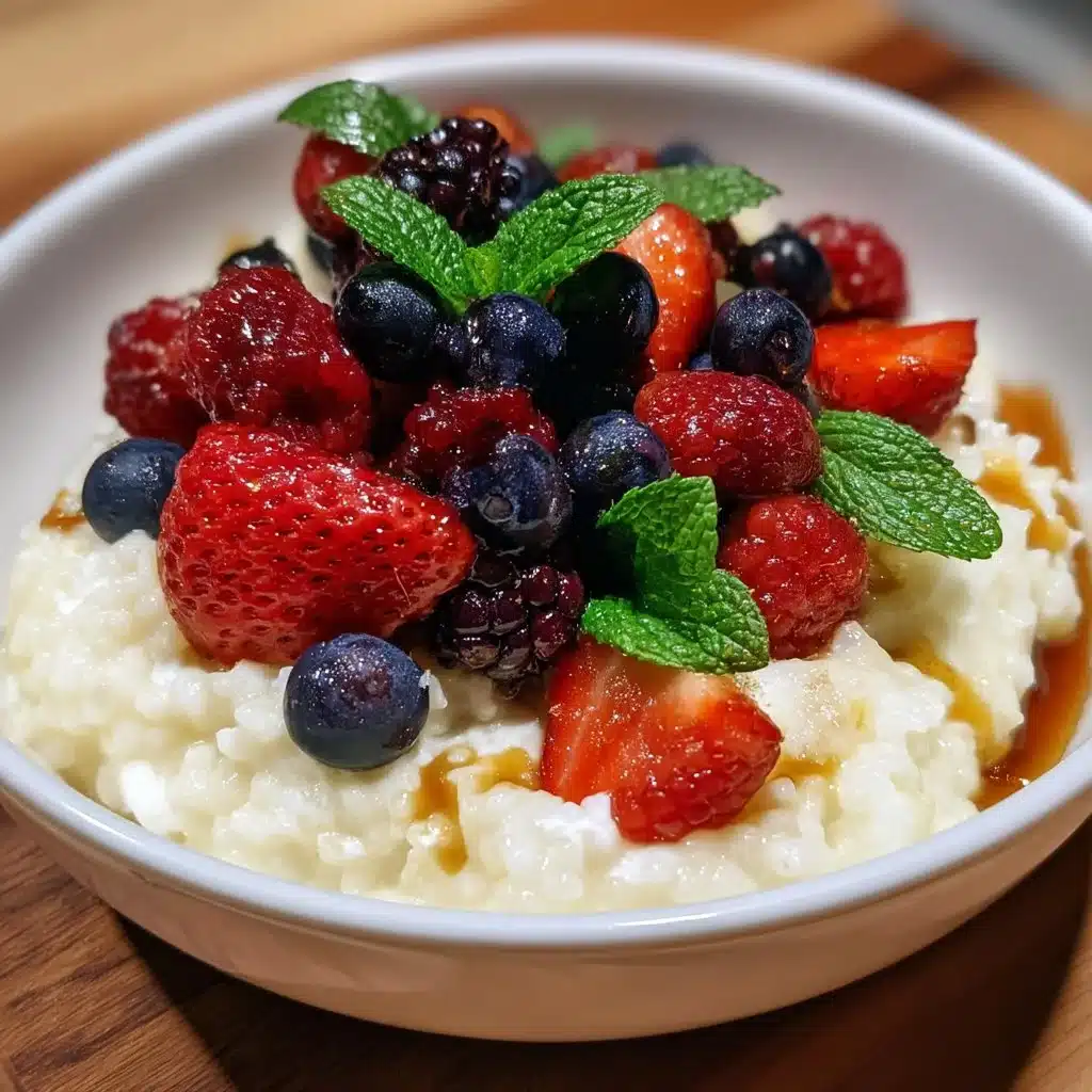 Vanilla bean rice pudding with honeyed berries in a decorative bowl.
