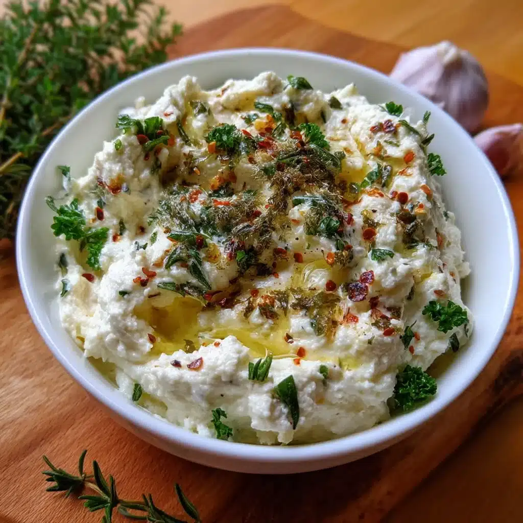 Whipped ricotta dip with roasted garlic and fresh herbs served in a bowl