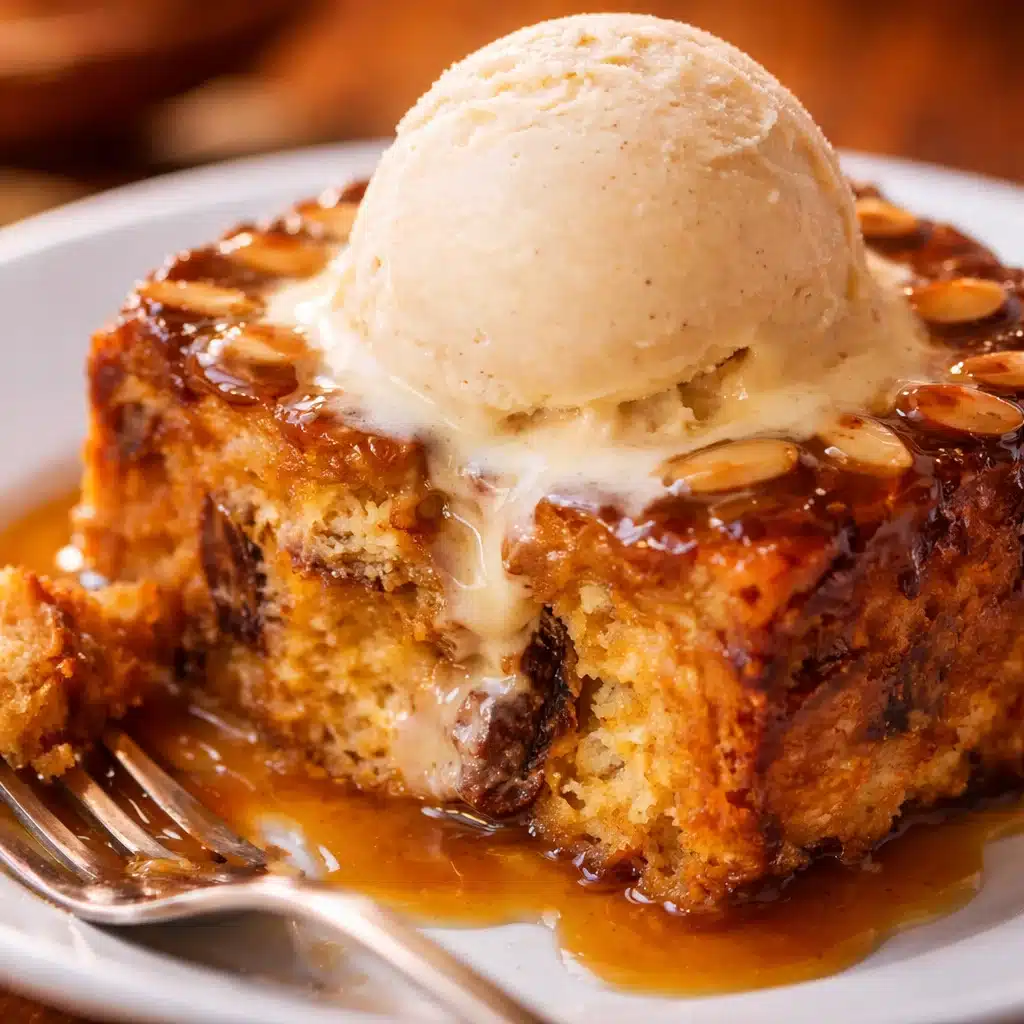 Delicious Caramelized Almond Ricotta Bread Pudding topped with caramel sauce.