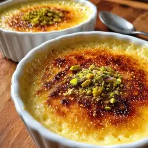 Delicious Pistachio Ricotta Crème Brûlée garnished with chopped pistachios.